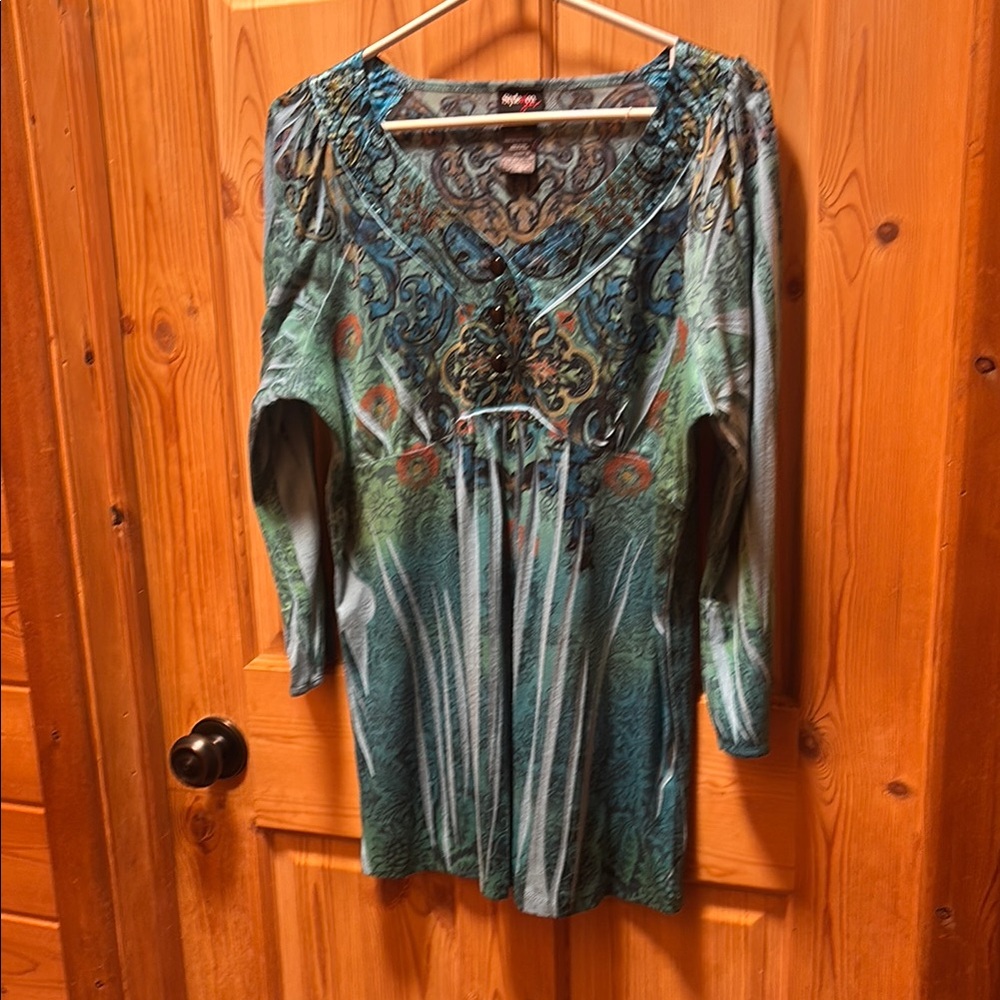Style & Co Blue Embellished 3/4 Sleeve Tunic